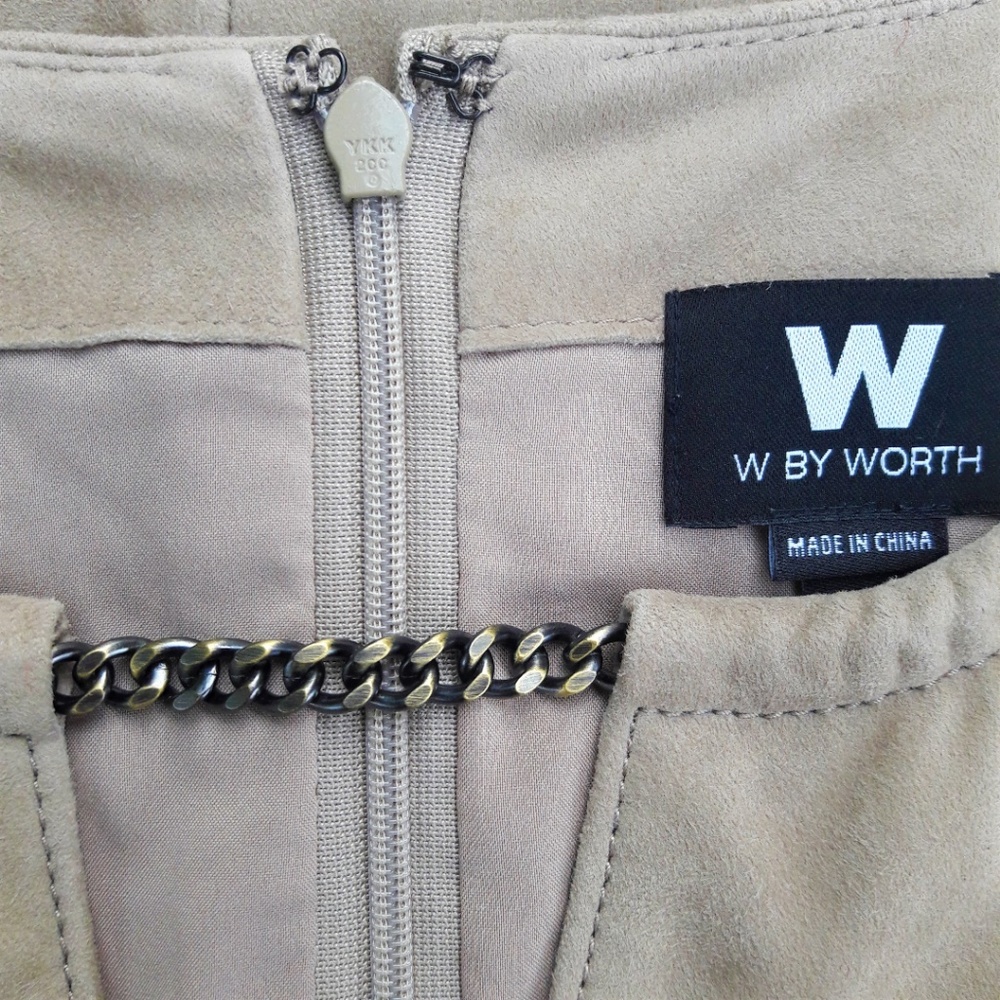 W by Worth Genuine Tan Suede Leather Sheath Dress Chain Zip Pockets Lined XS - Picture 7 of 8